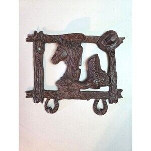 Cast Iron Wall Mount Coat Key Hooks Rustic Western Painted Brown Horse Boot Hat